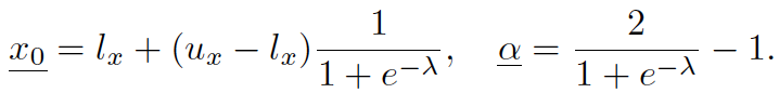 x_0 = l_x + (u_x - l_x) / (1 + e^{-λ}), α = 2 / (1 + e^{-λ}) - 1